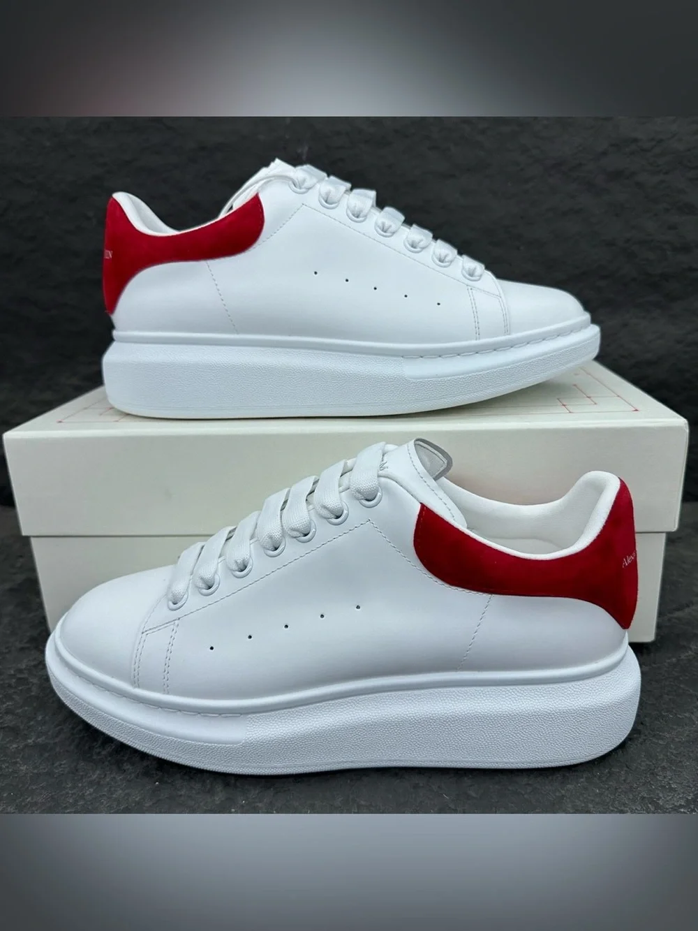 Alexander McQueen White Leather Platform Sneakers with Red Heel Tab